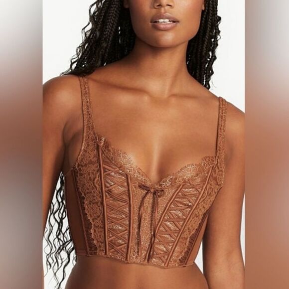 Victoria's Secret Caramel Very Sexy Unlined Lace Up Corset Bra Top Medium - Picture 1 of 7
